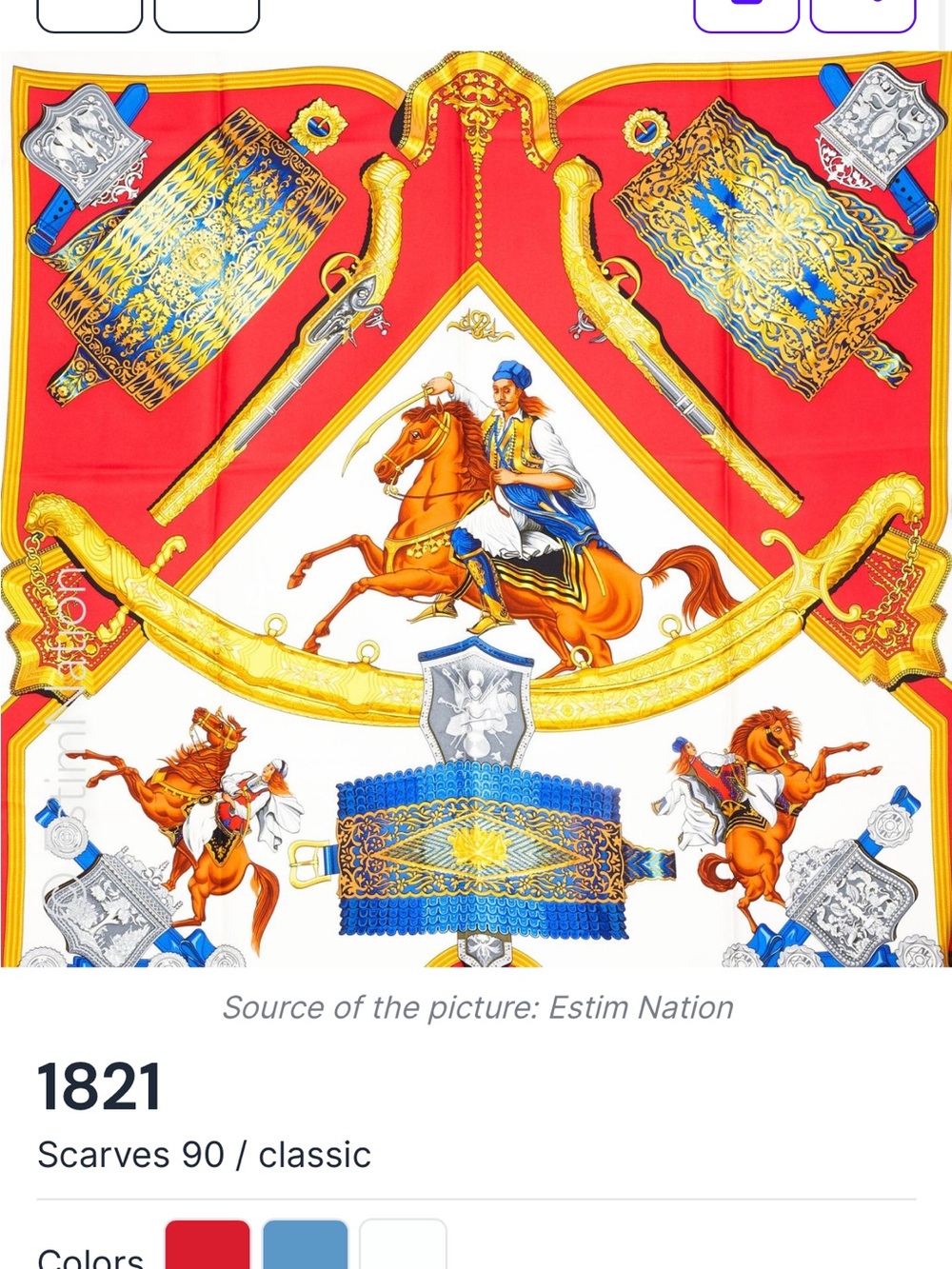 Hermes Red, Gold and Blue Equestrian Silk Scarf